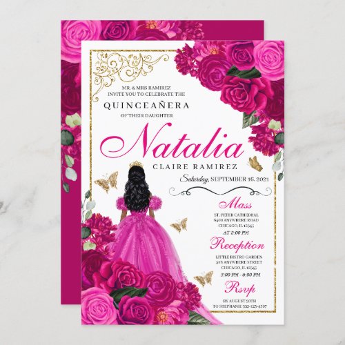 Fuchsia Pink Gold Princess Butterflies Quinceaera Invitation