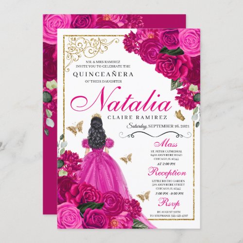 Fuchsia Pink Gold Princess Butterflies Quinceaera Invitation