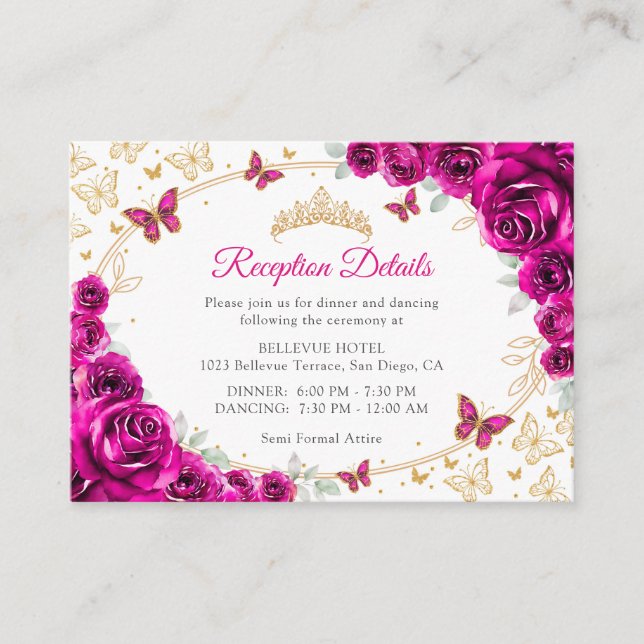 Fuchsia Pink Gold Quinceanera Reception Details Enclosure Card (Front)
