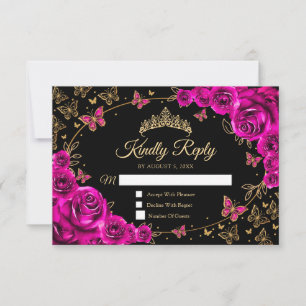 Fuchsia Pink Gold Quinceanera Reply RSVP Card