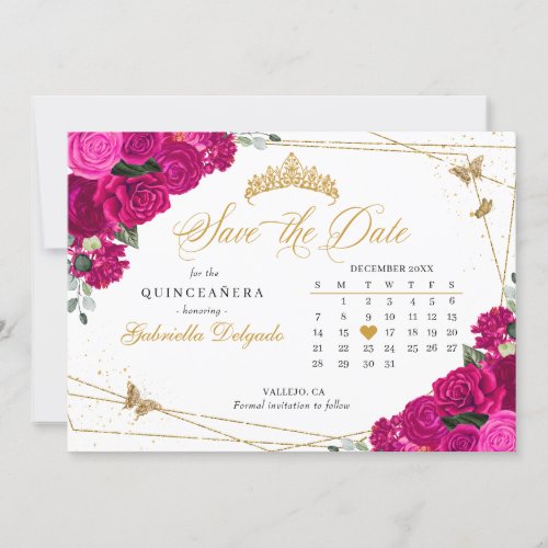 Fuchsia Pink  Gold Quinceaera Save The Date Invitation