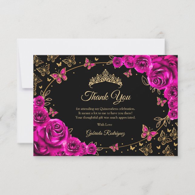 Fuchsia Pink Gold Quinceanera Thank You Card (Front)
