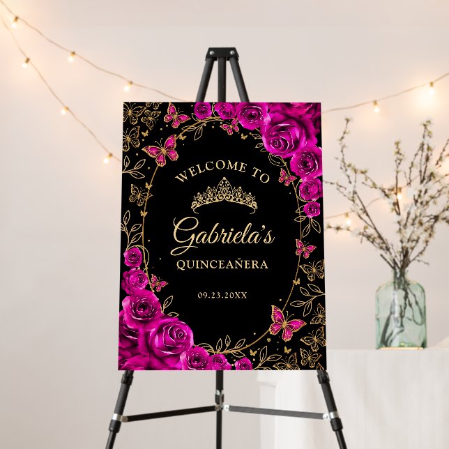 Fuchsia Pink Gold Quinceanera Welcome Foam Board (In Situ (Stand))