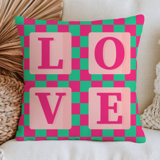 Fuchsia Pink& Green Checkered Pattern Love Throw Pillow