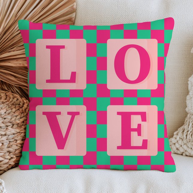 Fuchsia Pink& Green Checkered Pattern Love  Throw Pillow (Creator Uploaded)