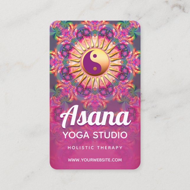 Fuchsia Pink & Green Mandala Balance Yoga New Age Business Card (Front)