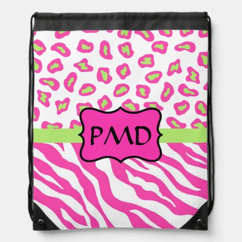 Fuchsia Pink Green Zebra Leopard Skin Monogram Drawstring Bag