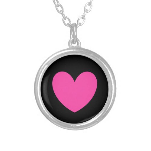 Fuchsia pink heart on black silver plated necklace