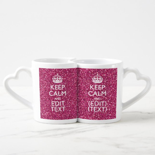 Fuchsia Pink Keep Calm Have Your Text Coffee Mug Set (Back Nesting)