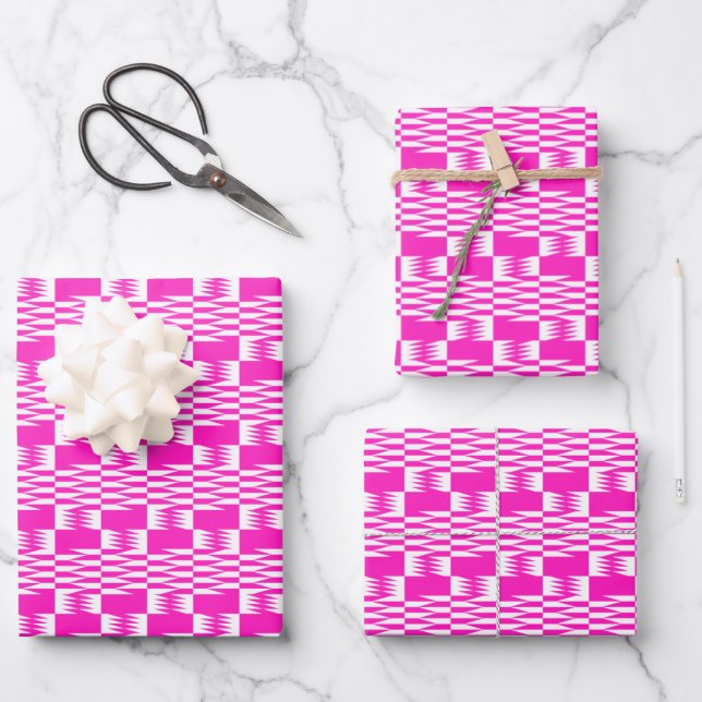 Fuchsia Pink Kente Set of 3 Wrapping Paper Sheets (Front)