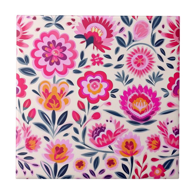 Fuchsia Pink Mexican Flowers BOHO Chic Floral Ceramic Tile (Front)