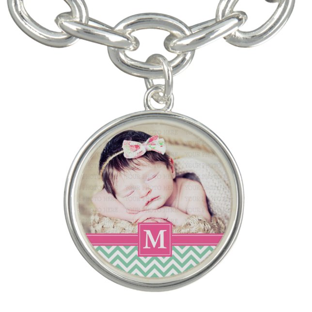Fuchsia Pink Mint Green Chevron Floral Monogrammed Charm Bracelet (Design)