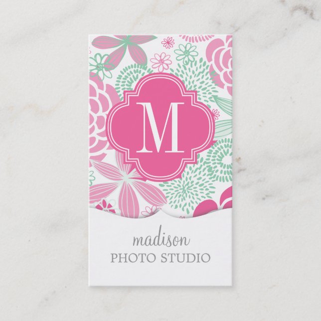 Fuchsia Pink Mint Green Girly Floral Personalized Business Card (Front)