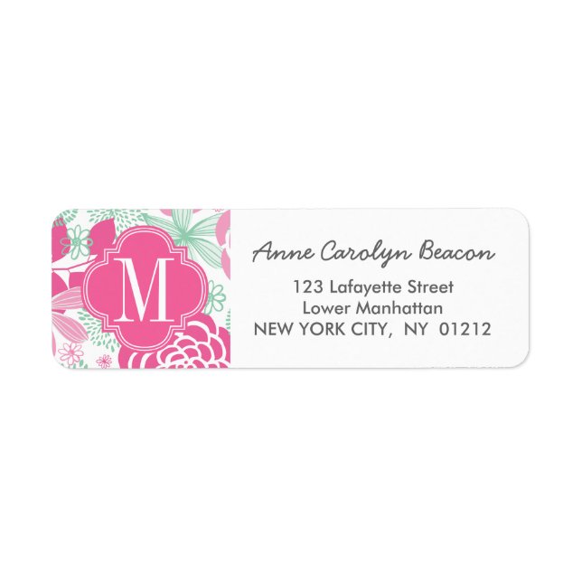 Fuchsia Pink Mint Green Girly Floral Personalized Label (Front)