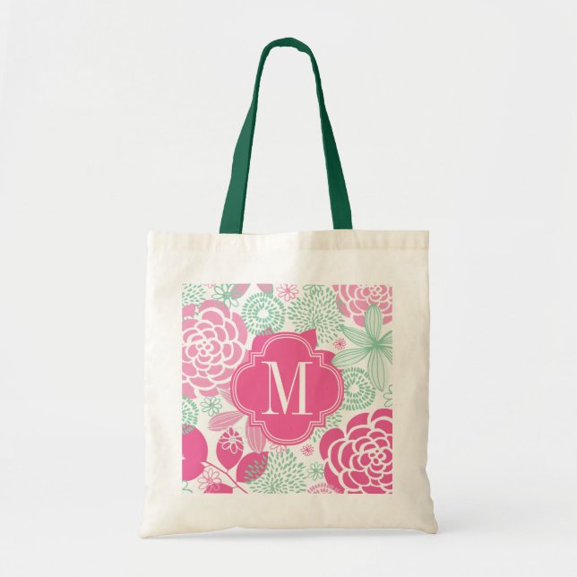 Fuchsia Pink Mint Green Girly Floral Personalized Tote Bag (Front)