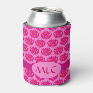 Fuchsia Pink Modern Art Nouveau Damask Monogram Can Cooler