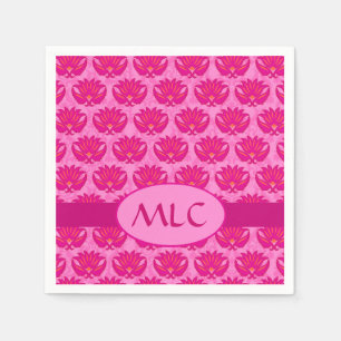 Fuchsia Pink Modern Art Nouveau Damask Monogram Paper Napkins