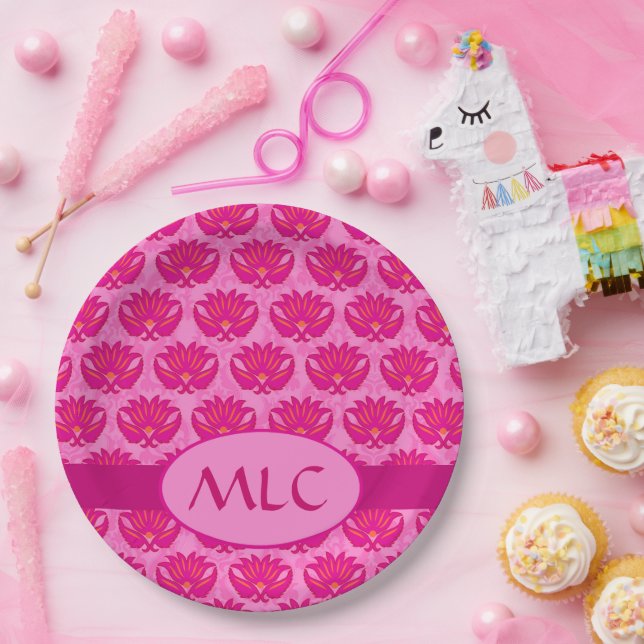 Fuchsia Pink Modern Art Nouveau Damask Monogram Paper Plates (Party)