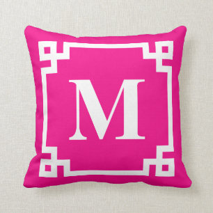 Fuchsia Pink Modern Greek Key Border Monogram Throw Pillow