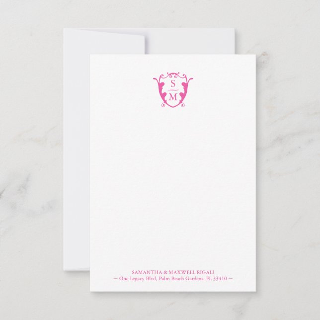 Fuchsia Pink Monogram Personalized Stationery Thank You Card (Front)