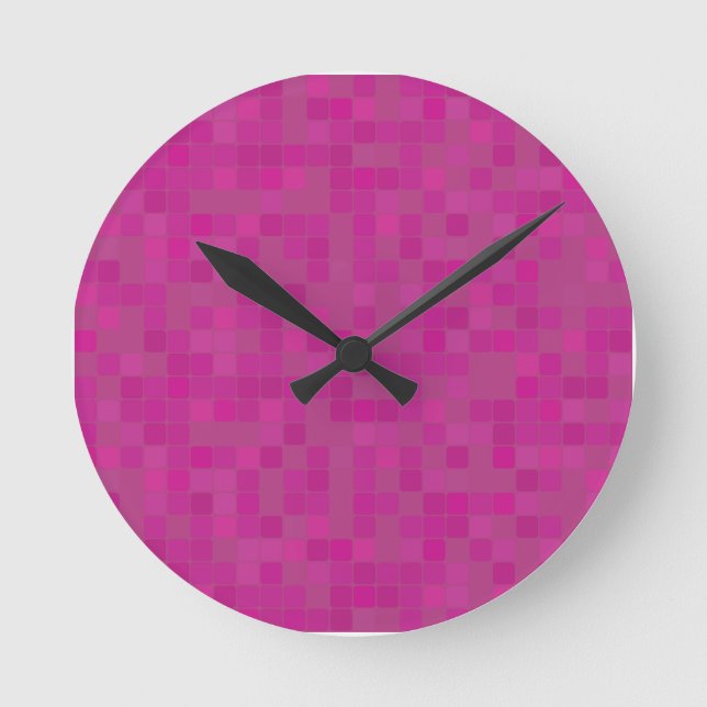 Fuchsia pink mosaic pixels round clock (Front)