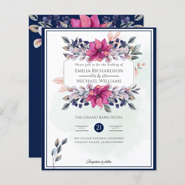 Fuchsia Pink Navy Blue Floral Chic Wedding (Front/Back)