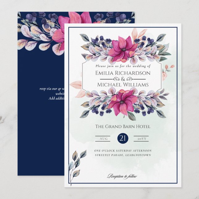 Fuchsia Pink Navy Blue Floral Chic Wedding Invitation (Front/Back)
