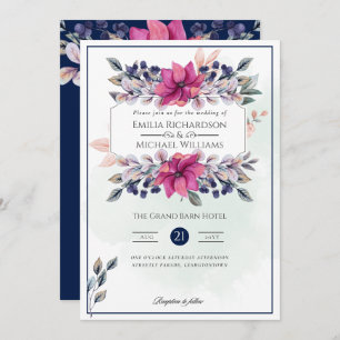 Fuchsia Pink Navy Blue Floral Chic Wedding Invitation