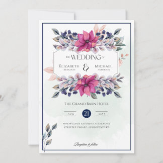 Fuchsia Pink Navy Blue Floral Chic Wedding Invitation