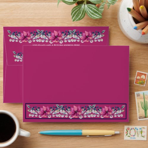 Fuchsia Pink Navy Blue Floral Envelope