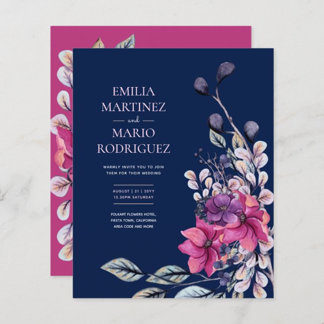 Fuchsia Pink Navy Blue Floral Wedding Budget (Front/Back)