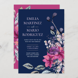 Fuchsia Pink Navy Blue Floral Wedding Budget Invitation