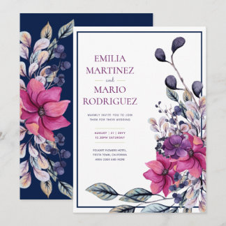 Fuchsia Pink Navy Blue Floral Wedding Invitation