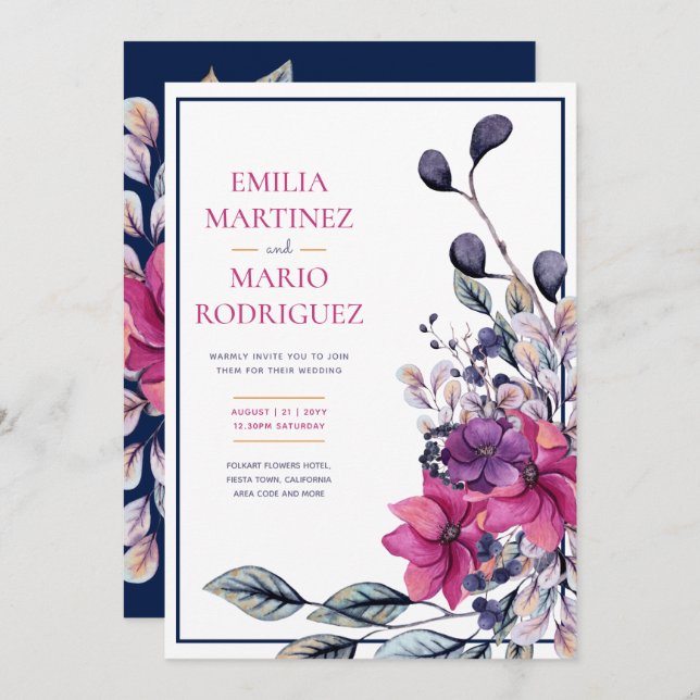 Fuchsia Pink Navy Blue Floral Wedding Invitation (Front/Back)