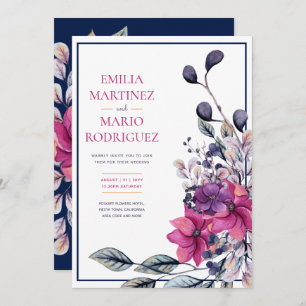 Fuchsia Pink Navy Blue Floral Wedding Invitation