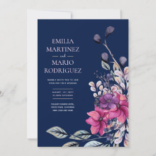 Fuchsia Pink Navy Blue Floral Wedding Invitation