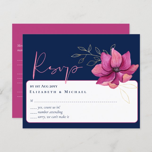Fuchsia Pink Navy Blue Wedding RSVP (Front/Back)