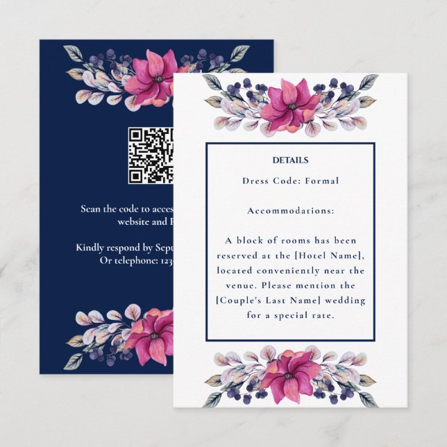 Fuchsia Pink Navy Details Enclosure QR Code RSVP Card (Front/Back)