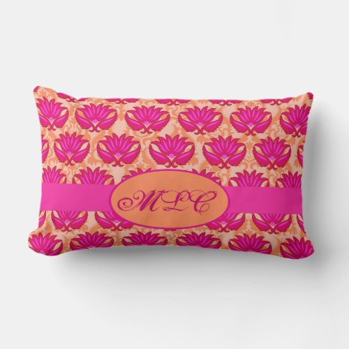 Fuchsia Pink Orange Art Nouveau Damask Monogram Lumbar Pillow