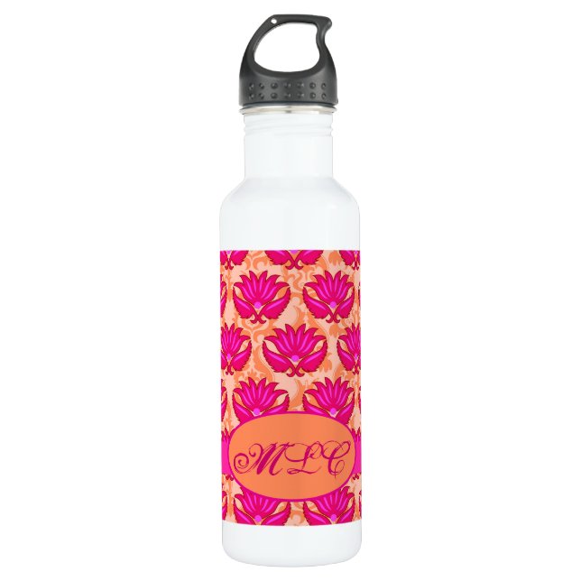 Fuchsia Pink Orange Art Nouveau Damask Monogram Water Bottle (Front)