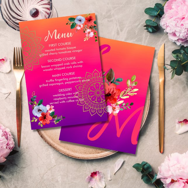 Fuchsia Pink Orange Bright Bold Floral Wedding Menu (Creator Uploaded)