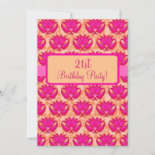 Fuchsia Pink Orange Damask 21st Birthday Party Invitation