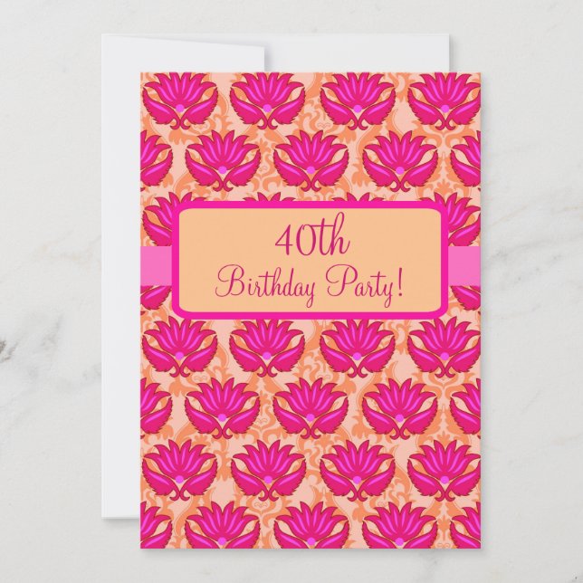 Fuchsia Pink Orange Damask 40th Birthday Party Invitation (Front)