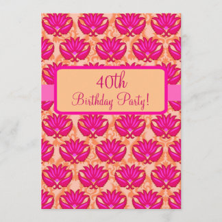 Fuchsia Pink Orange Damask 40th Birthday Party Invitation