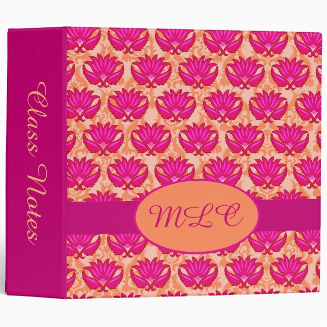 Fuchsia Pink Orange Damask Art Monogram Album Binder (Front/Spine)