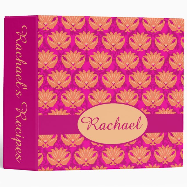 Fuchsia Pink Orange Damask Name Personalized Album 3 Ring Binder (Front/Spine)