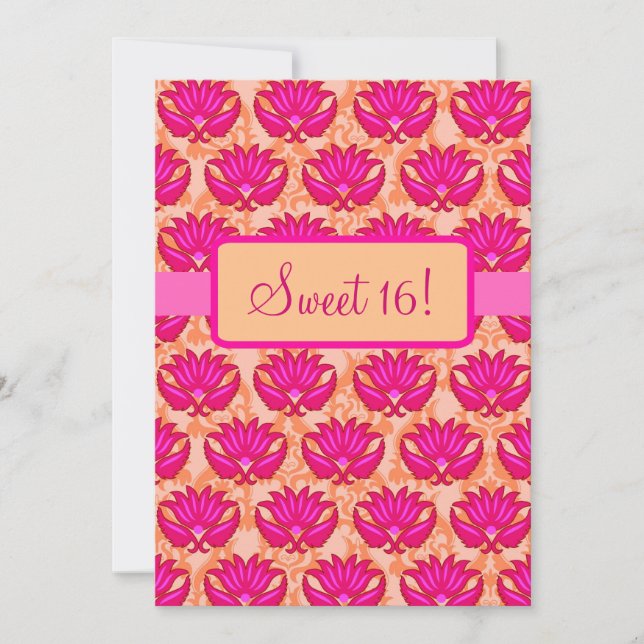 Fuchsia Pink Orange Damask Sweet 16 Birthday Party Invitation (Front)