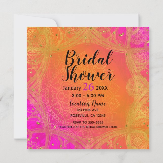 Fuchsia Pink Orange Gold Indian Mandala Bridal Invitation (Front)