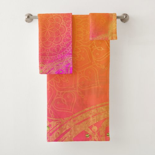 Fuchsia Pink Orange  Gold Indian Mandala Glam Bath Towel Set