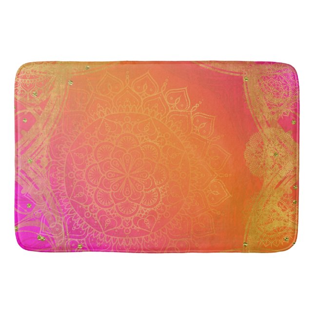 Fuchsia Pink Orange & Gold Indian Mandala Glam Bathroom Mat (Front)